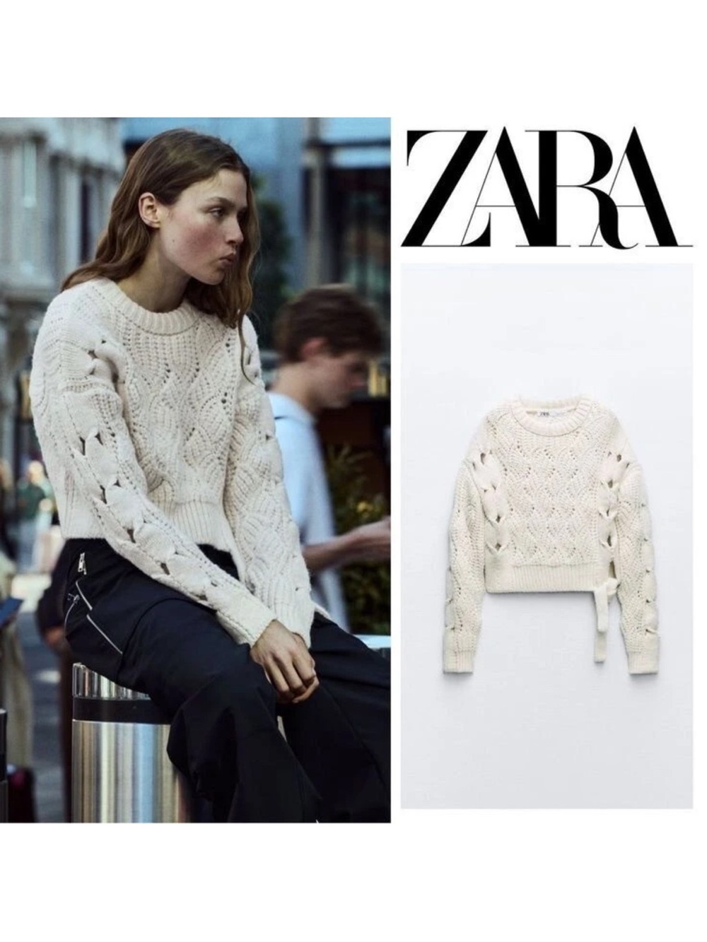 Zara Cream Cable-Knit Cropped Crewneck Sweater. Style 3859/110/712 Size M